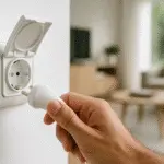 Toma con tapa estanca y obturadores “childproof” en pared blanca; mano enchufando un conector en un living iluminado.