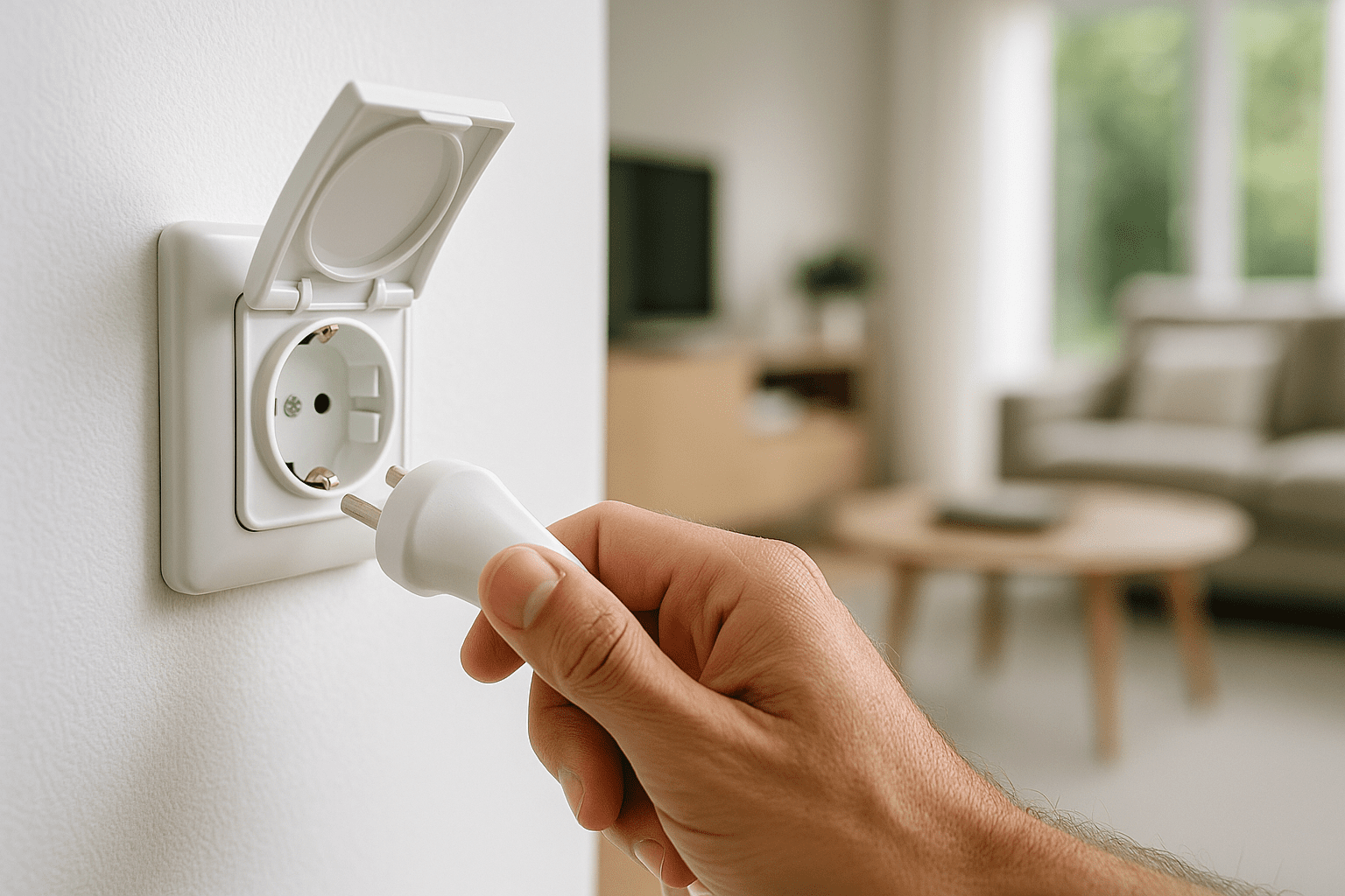 Toma con tapa estanca y obturadores “childproof” en pared blanca; mano enchufando un conector en un living iluminado.