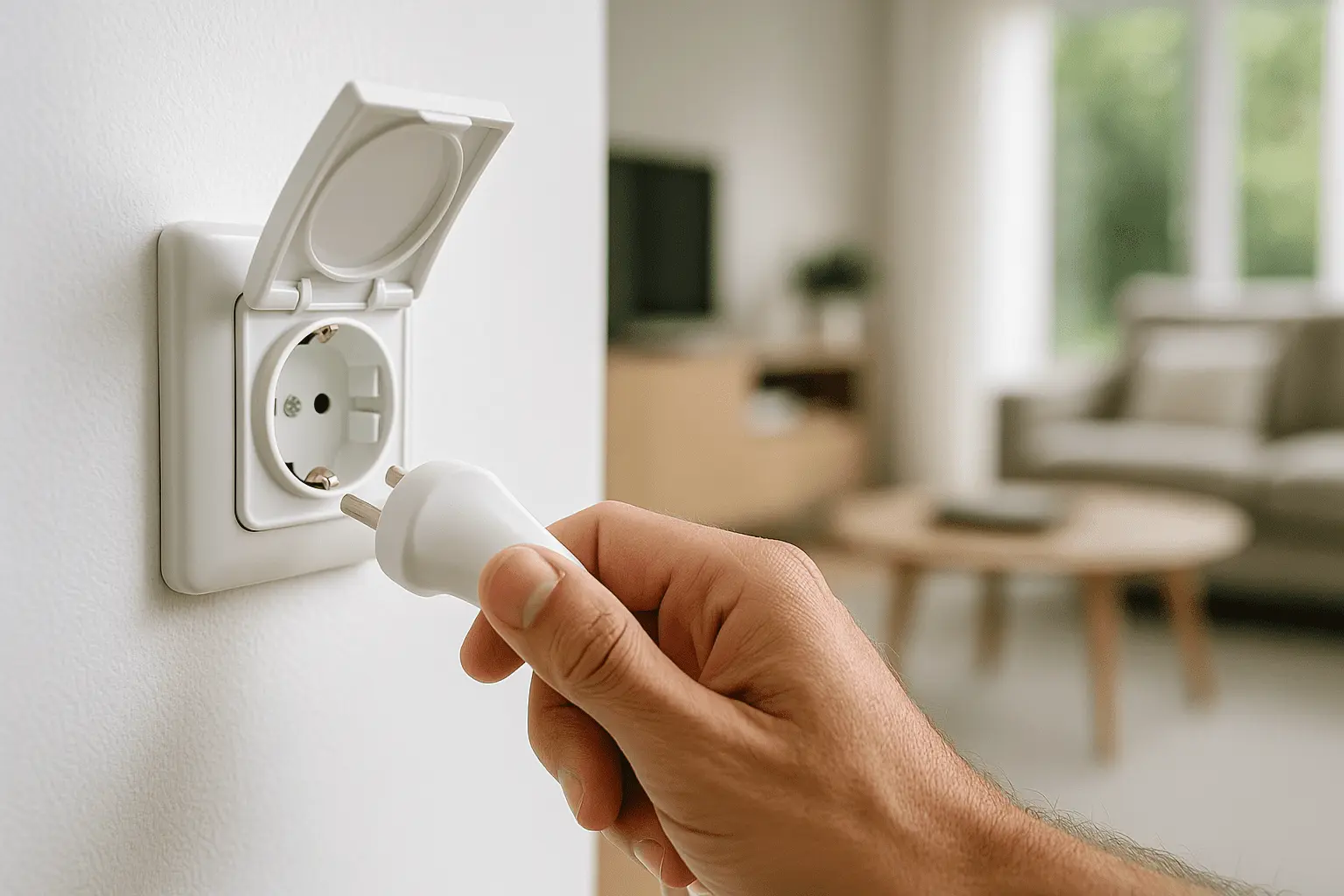 Toma con tapa estanca y obturadores “childproof” en pared blanca; mano enchufando un conector en un living iluminado.