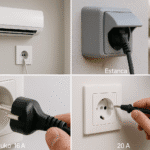 Collage realista: unidad interior de AC con toma recesada de 16A, toma estanca con tapa en balcón, clavija Schuko 16A y toma 20A, técnico verificando tierra.