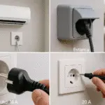 Collage realista: unidad interior de AC con toma recesada de 16A, toma estanca con tapa en balcón, clavija Schuko 16A y toma 20A, técnico verificando tierra.