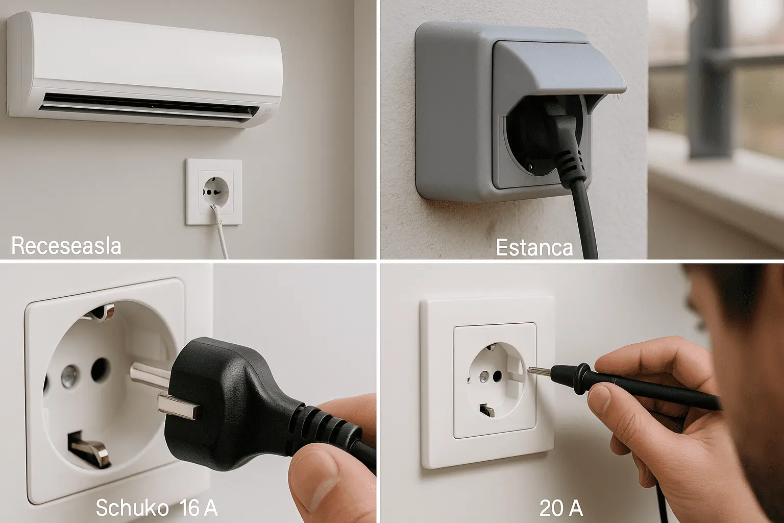 Collage realista: unidad interior de AC con toma recesada de 16A, toma estanca con tapa en balcón, clavija Schuko 16A y toma 20A, técnico verificando tierra.