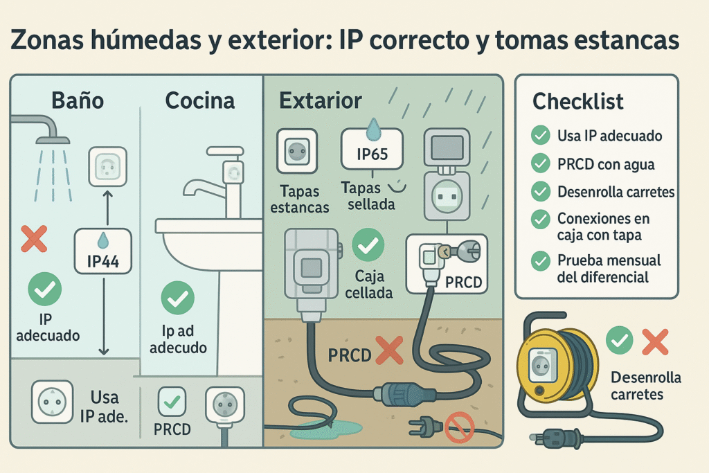 Zonas húmedas y exterior IP correcto, distancias y tomas estancas donde hacen falta