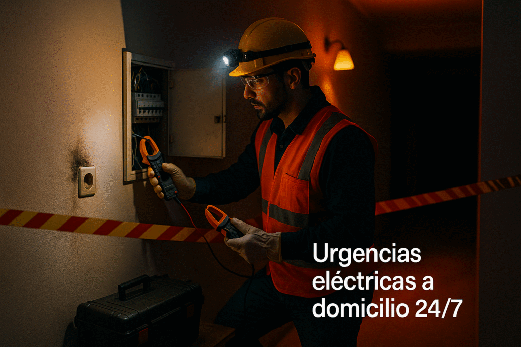 Electricista con casco y chaleco atendiendo una urgencia nocturna en un departamento, revisando el tablero con linterna y multímetro; cinta de precaución y maletín al lado.