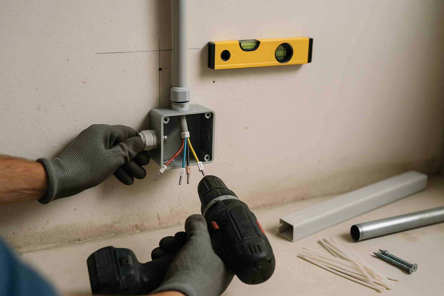 electricista instalando caja de conexión y canalización en pared interior