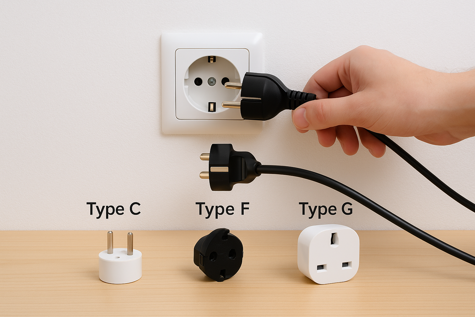 mano conectando ficha Schuko (CEE 77) a toma tipo F; sobre mesa se ven fichas C, F y G con adaptadores