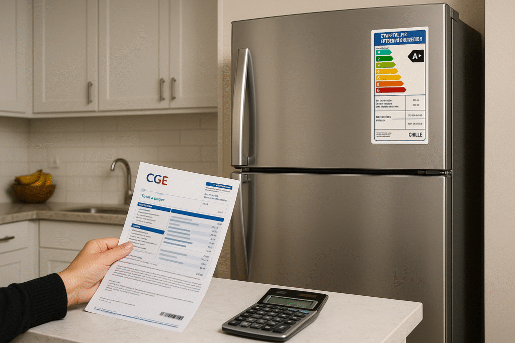 Persona revisando la boleta de luz frente a un refrigerador con etiqueta de eficiencia energética (Chile), calculadora sobre el mesón.