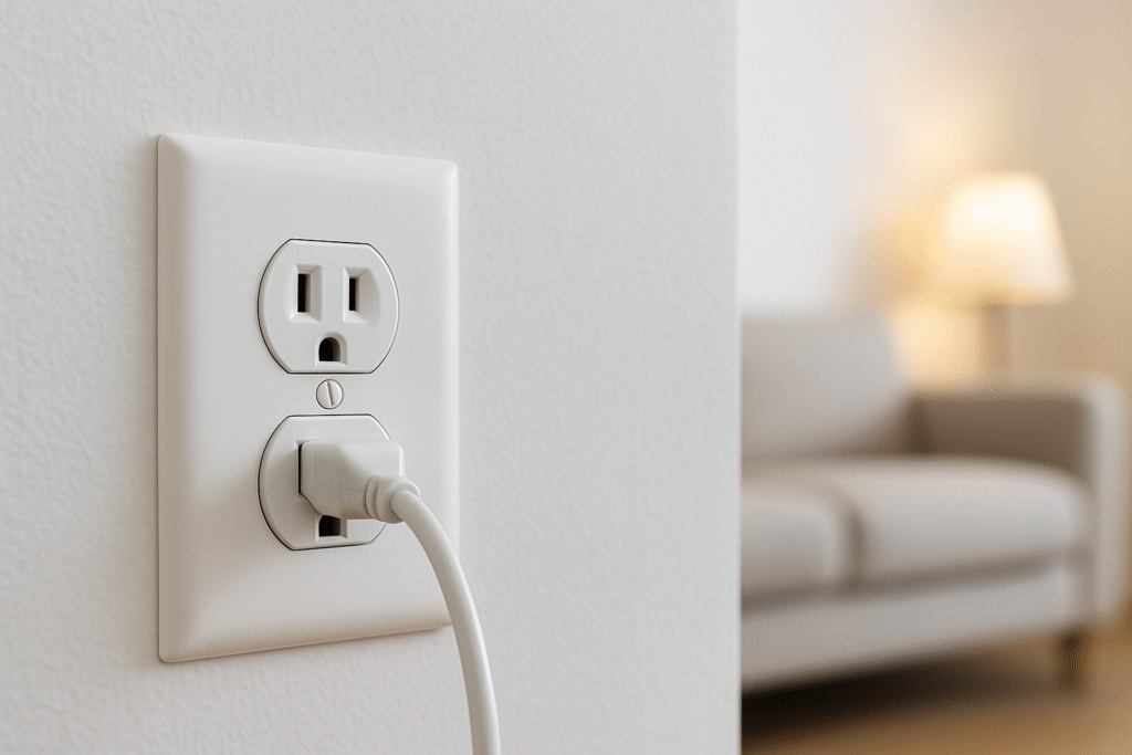 Enchufe doble empotrado en caja 2×4, instalado en pared de living; placa alineada y dos tomas en uso (lámpara y cargador de teléfono) para ilustrar cuándo conviene.