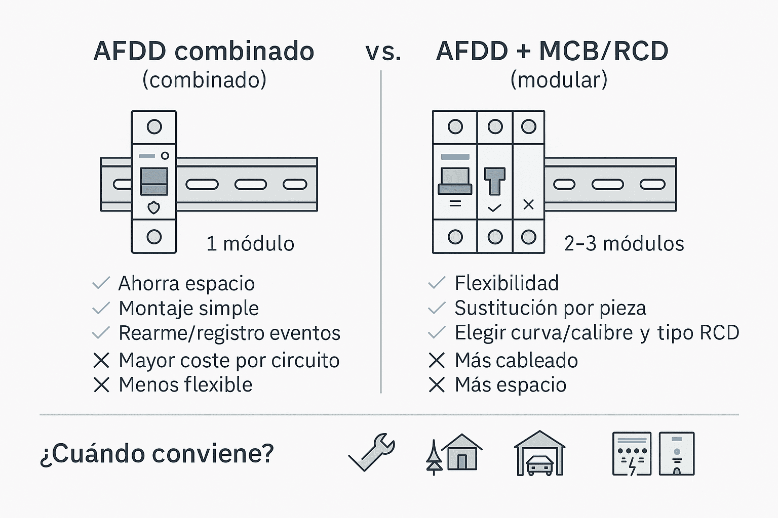 Comparativa lado a lado entre AFDD-RCBO de un módulo y conjunto AFDD + MCB/RCD de 2–3 módulos, con pros y contras.