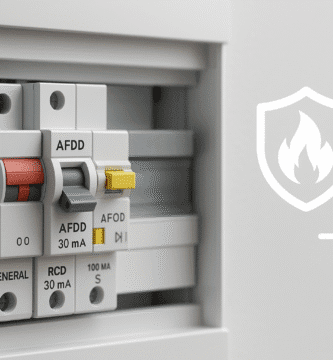 Primer plano de un AFDD (Arc Fault Detection Device) instalado en un tablero eléctrico doméstico, con botón de prueba amarillo y palanca gris, junto a un RCD de 30 mA y un diferencial 100 mA tipo S.