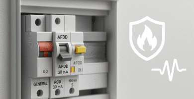 Primer plano de un AFDD (Arc Fault Detection Device) instalado en un tablero eléctrico doméstico, con botón de prueba amarillo y palanca gris, junto a un RCD de 30 mA y un diferencial 100 mA tipo S.