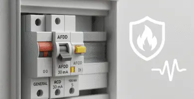 Primer plano de un AFDD (Arc Fault Detection Device) instalado en un tablero eléctrico doméstico, con botón de prueba amarillo y palanca gris, junto a un RCD de 30 mA y un diferencial 100 mA tipo S.