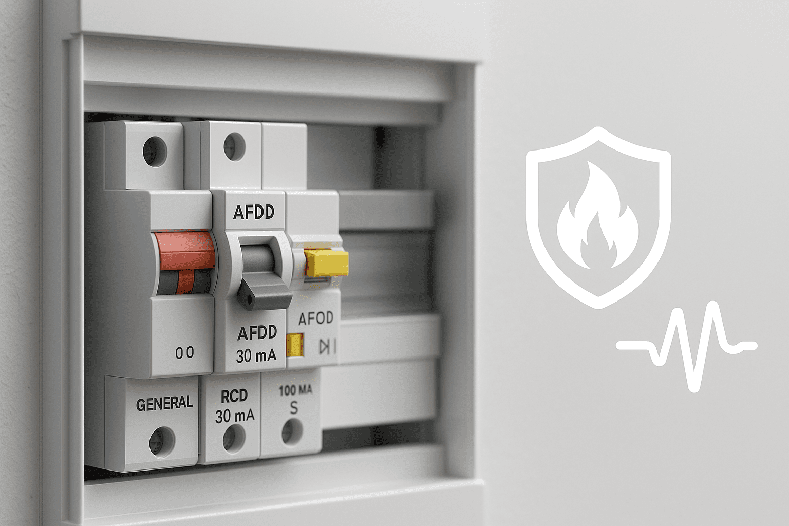 Primer plano de un AFDD (Arc Fault Detection Device) instalado en un tablero eléctrico doméstico, con botón de prueba amarillo y palanca gris, junto a un RCD de 30 mA y un diferencial 100 mA tipo S.