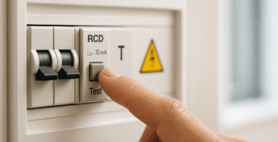 Mano presionando el botón TEST de un interruptor diferencial (RCD) de 30 mA en un tablero eléctrico doméstico.