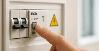 Mano presionando el botón TEST de un interruptor diferencial (RCD) de 30 mA en un tablero eléctrico doméstico.