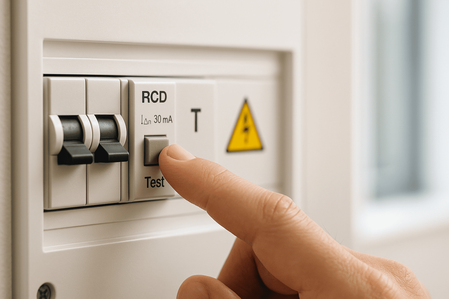 Mano presionando el botón TEST de un interruptor diferencial (RCD) de 30 mA en un tablero eléctrico doméstico.