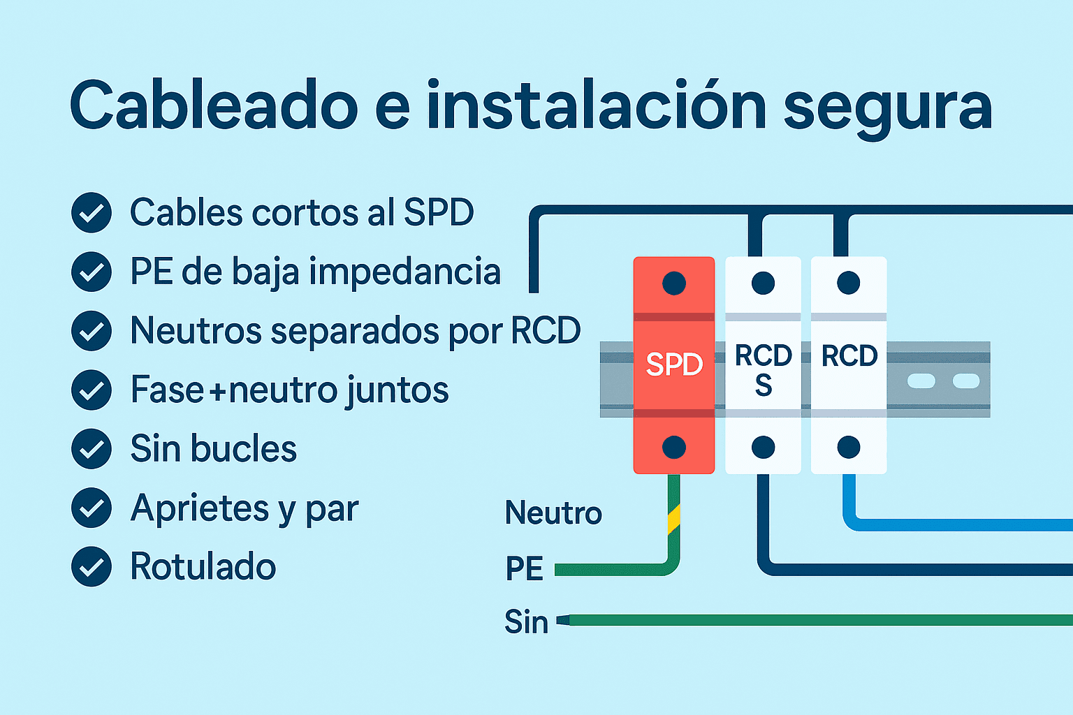 Infografía horizontal “Cableado e instalación segura” con checklist y diagrama de tablero: SPD, RCD tipo S y RCD; cables fase, neutro y tierra, y buenas prácticas (cables cortos, PE baja impedancia, neutros separados, sin bucles, aprietes y rotulado).