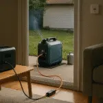Generador inverter en patio cargando una power station dentro de casa mediante una extensión (al atardecer).