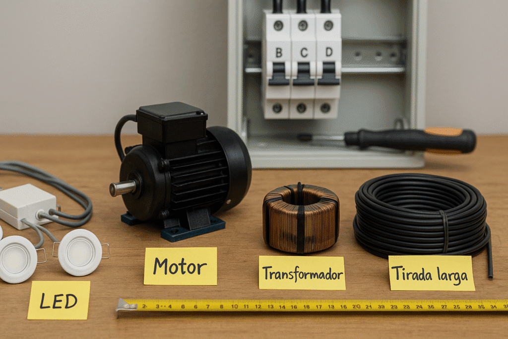 LED con driver, motor, transformador toroidal y bobina de cable sobre banco; panel con MCB B, C y D al fondo.