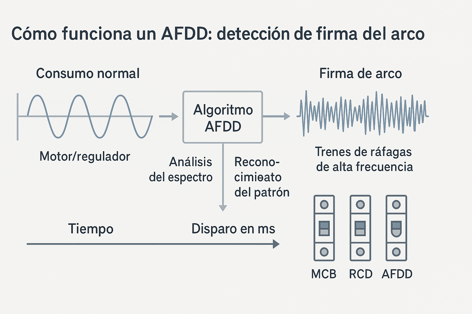 Infografía con ondas de consumo normal y de arco, un bloque “Algoritmo AFDD” y el resultado de disparo en milisegundos.