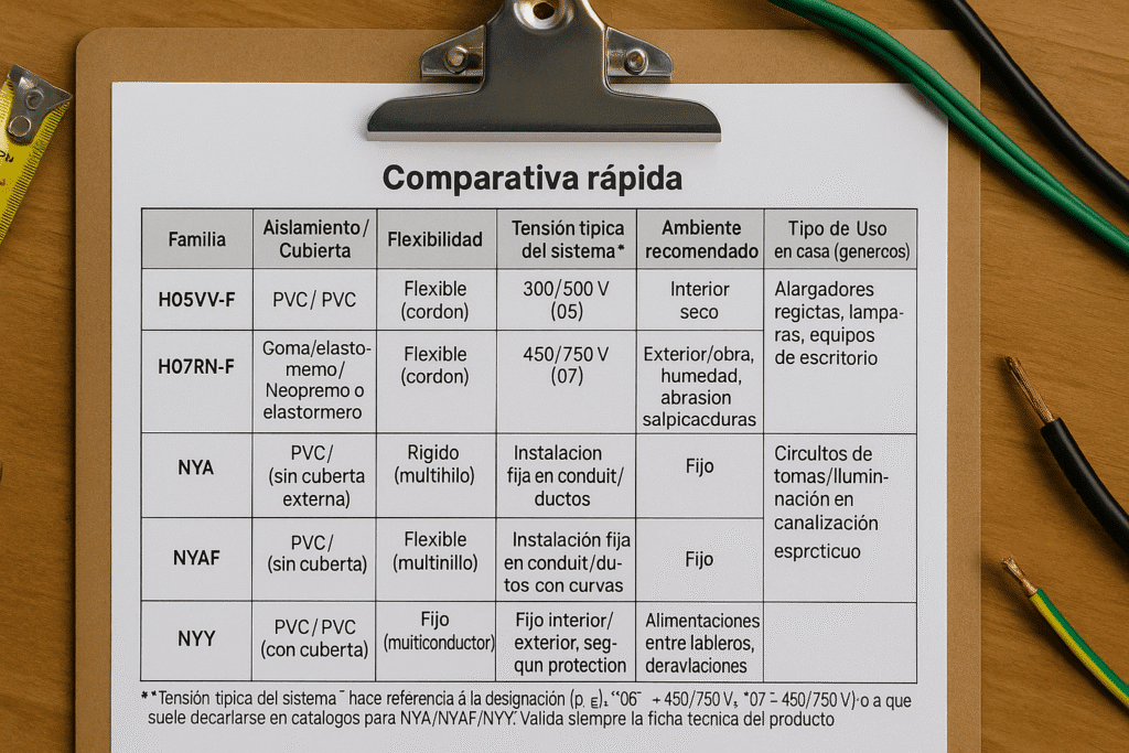 Tabla comparativa de cables H05VV-F, H07RN-F, NYA, NYAF y NYY en portapapeles, con materiales, tensión y usos domésticos.