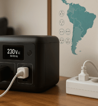 Power station portátil “230V AC” junto a regleta y enchufe tipo L en sala de estar.