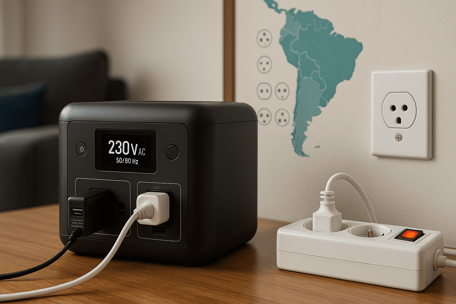 Power station portátil “230V AC” junto a regleta y enchufe tipo L en sala de estar.