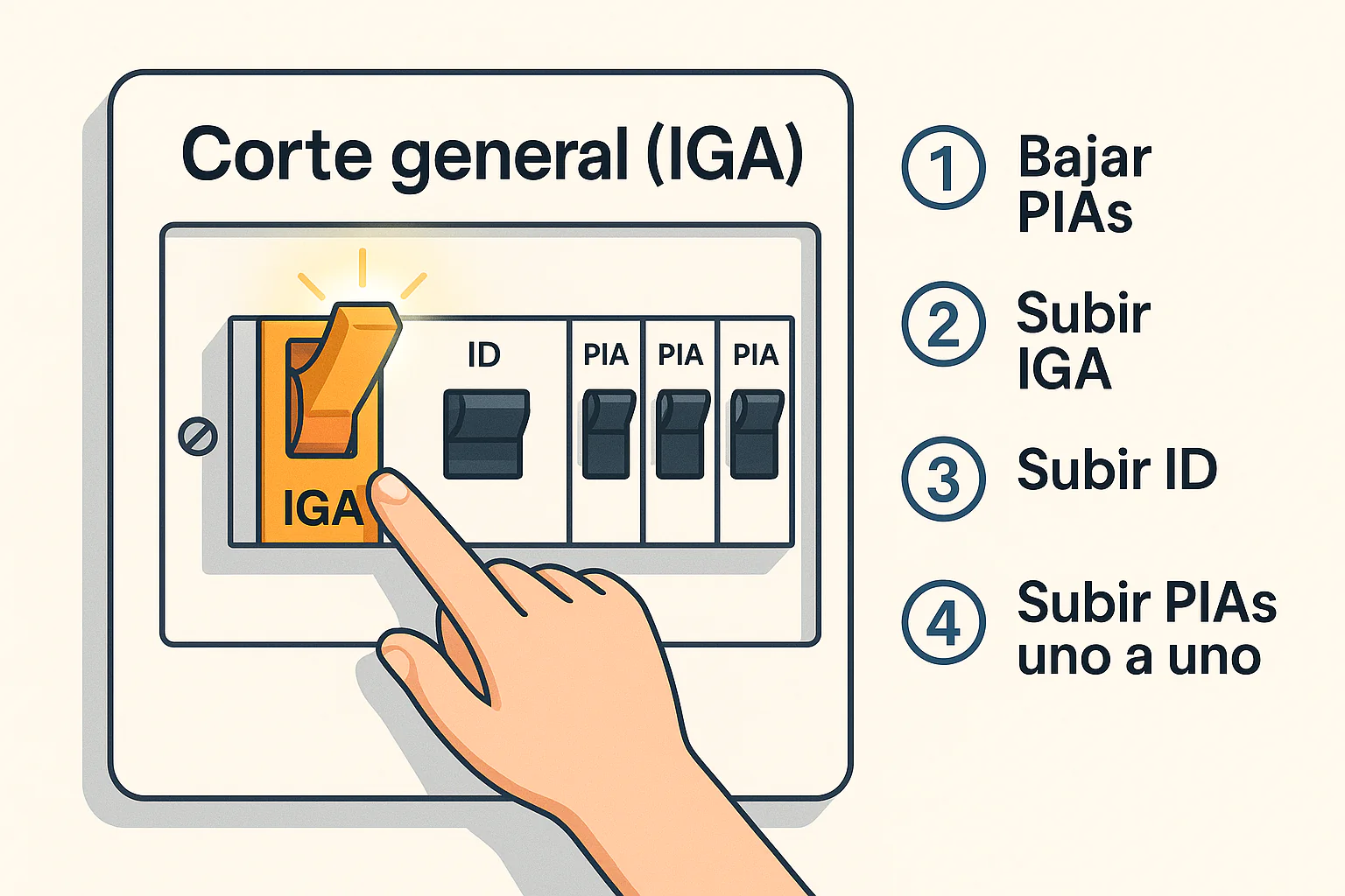 Mano accionando el interruptor general (IGA) de un cuadro eléctrico con ID y PIAs; pasos: 1 Bajar PIAs, 2 Subir IGA, 3 Subir ID, 4 Subir PIAs uno a uno.