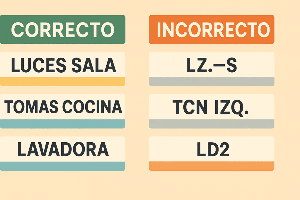 Infografía con dos columnas: “CORRECTO” (etiquetas claras como “LUCES SALA”, “TOMAS COCINA”, “LAVADORA”) e “INCORRECTO” (abreviaturas confusas “LZ.–S”, “TCN IZQ.”, “LD2”).