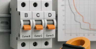 Tres interruptores magnetotérmicos en riel DIN rotulados B, C y D, con palancas naranjas; gráfico de curvas de disparo desenfocado al fondo.