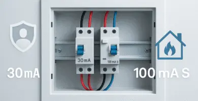 Tablero eléctrico doméstico con dos interruptores diferenciales: 30 mA para personas y 100 mA selectivo (S) en cabecera.