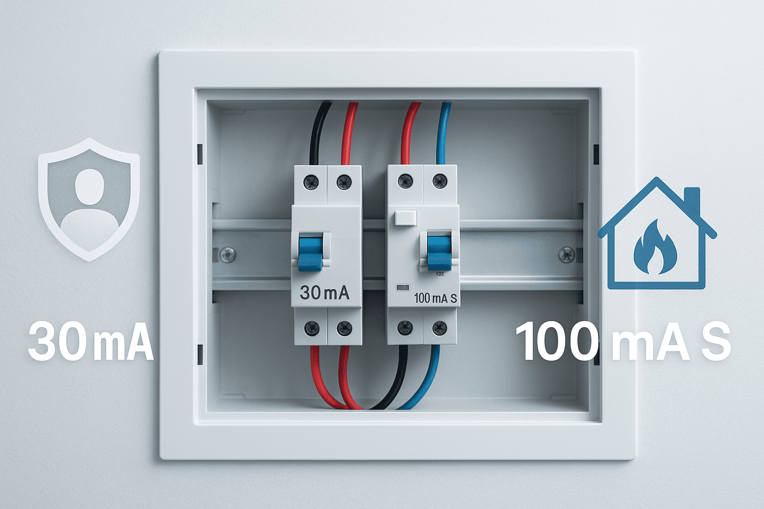 Tablero eléctrico doméstico con dos interruptores diferenciales: 30 mA para personas y 100 mA selectivo (S) en cabecera.