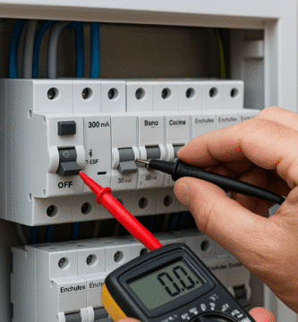 Electricista presiona el botón TEST de un diferencial 300 mA tipo S en tablero doméstico, con multímetro y circuitos rotulados “Baño”, “Cocina” y “Enchufes”.