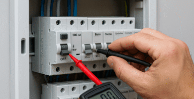Electricista presiona el botón TEST de un diferencial 300 mA tipo S en tablero doméstico, con multímetro y circuitos rotulados “Baño”, “Cocina” y “Enchufes”.