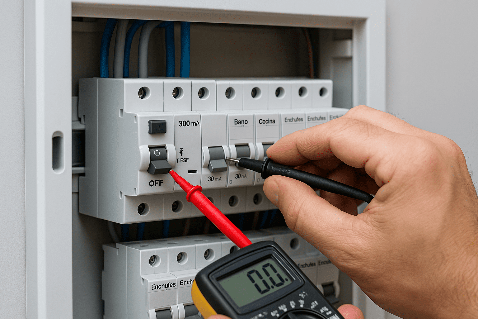Electricista presiona el botón TEST de un diferencial 300 mA tipo S en tablero doméstico, con multímetro y circuitos rotulados “Baño”, “Cocina” y “Enchufes”.
