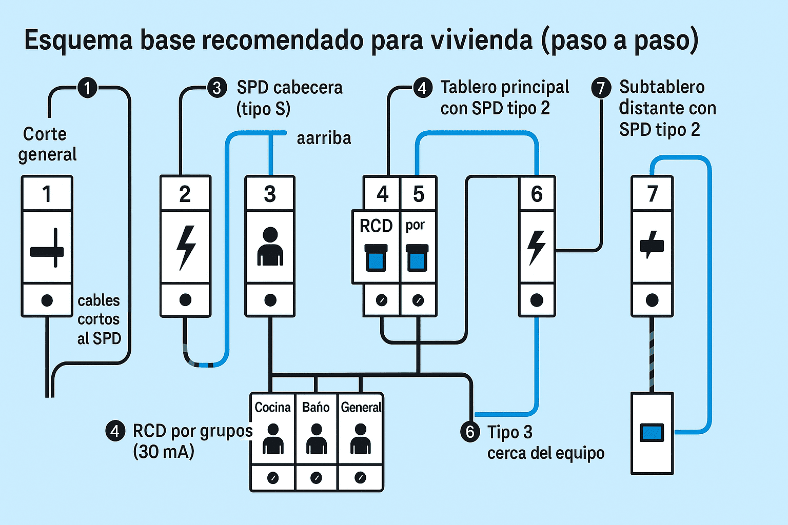 Diagrama paso a paso del tablero residencial: 1) corte general, 2) SPD en origen, 3) RCD de cabecera tipo S, 4) RCD por grupos (30 mA), 5) MCB por circuito, 6) SPD tipo 3 cerca del equipo, 7) subtablero distante con SPD tipo 2.