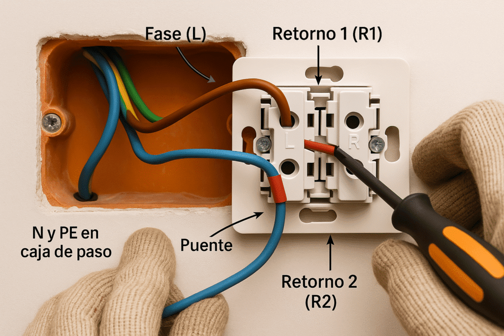 Esquema básico: fase común, puente y retornos 1–2