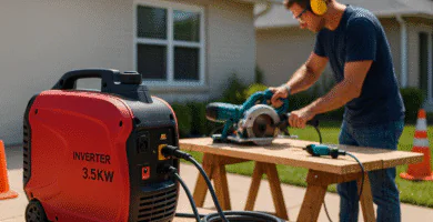 Generador inverter 3,5 kW alimentando sierra en casa