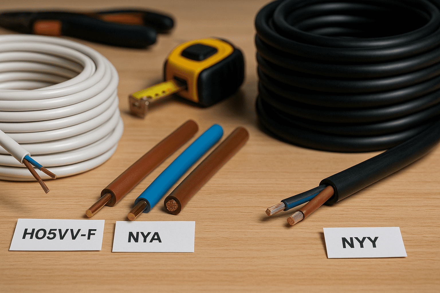 cables H05VV-F, H07RN-F, NYA, NYAF y NYY en portapapeles, con materiales, tensión y usos domésticos.