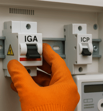 Manos con guantes naranjas accionan el IGA en un cuadro eléctrico doméstico; a la derecha se observa el ICP.