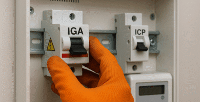 Manos con guantes naranjas accionan el IGA en un cuadro eléctrico doméstico; a la derecha se observa el ICP.