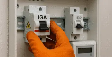 Manos con guantes naranjas accionan el IGA en un cuadro eléctrico doméstico; a la derecha se observa el ICP.