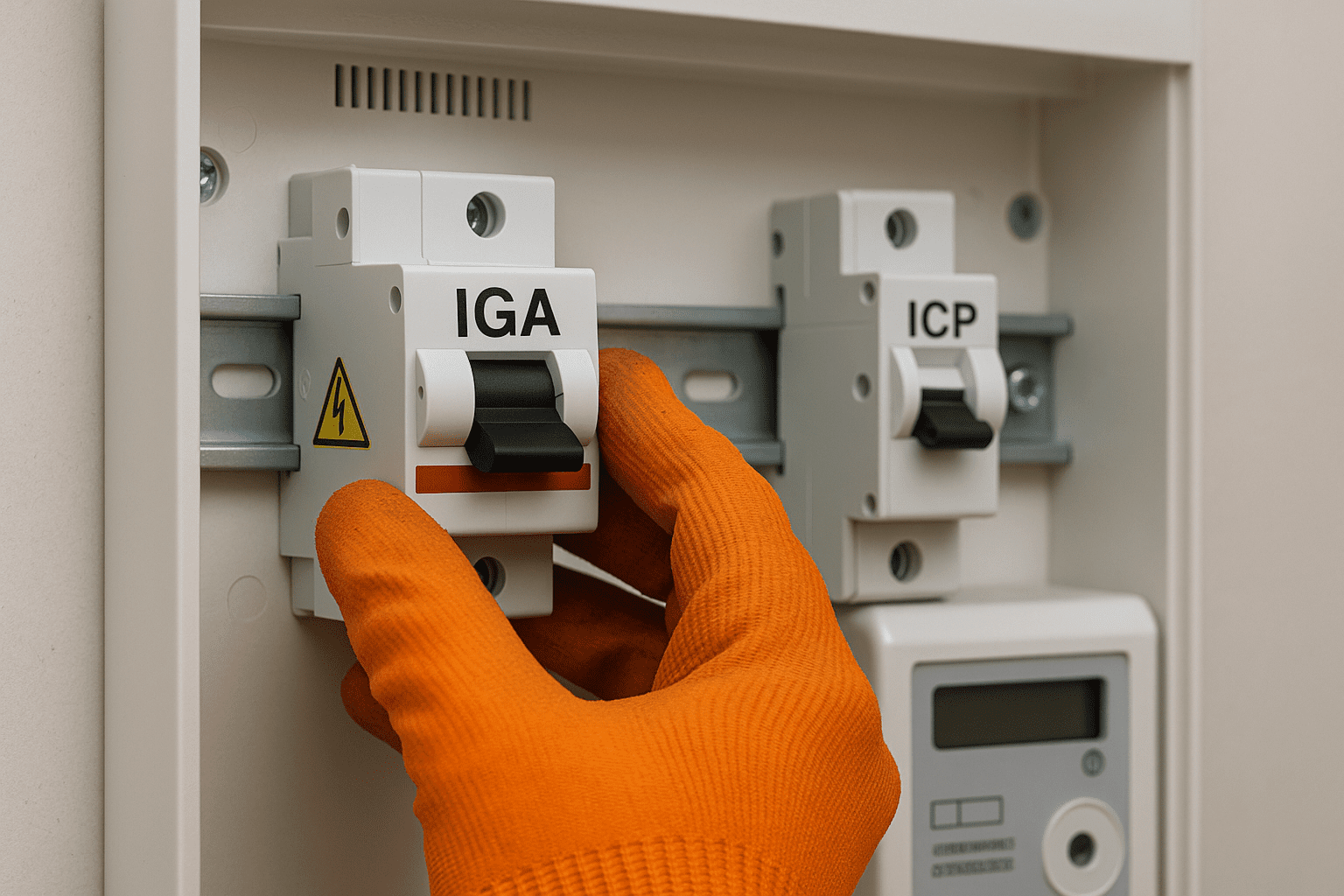 Manos con guantes naranjas accionan el IGA en un cuadro eléctrico doméstico; a la derecha se observa el ICP.