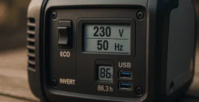 Primer plano realista de un generador inverter portátil que muestra el interruptor ECO, pantalla
