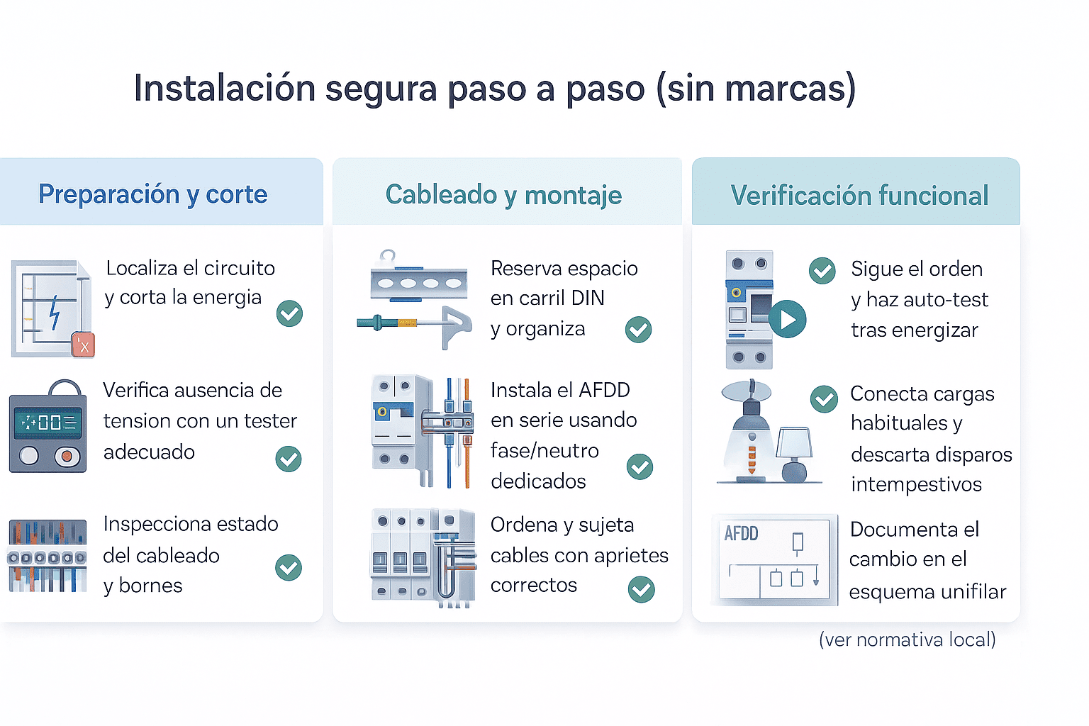 Infografía horizontal con tres secciones: preparación y corte, cableado y montaje, y verificación funcional con checkmarks.