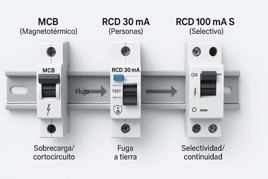 Infografía horizontal en español con la cadena IGA → SPD → RCD 100 mA selectivo en cabecera → ramales con RCD 30 mA + MCB, flechas de flujo y notas de selectividad.