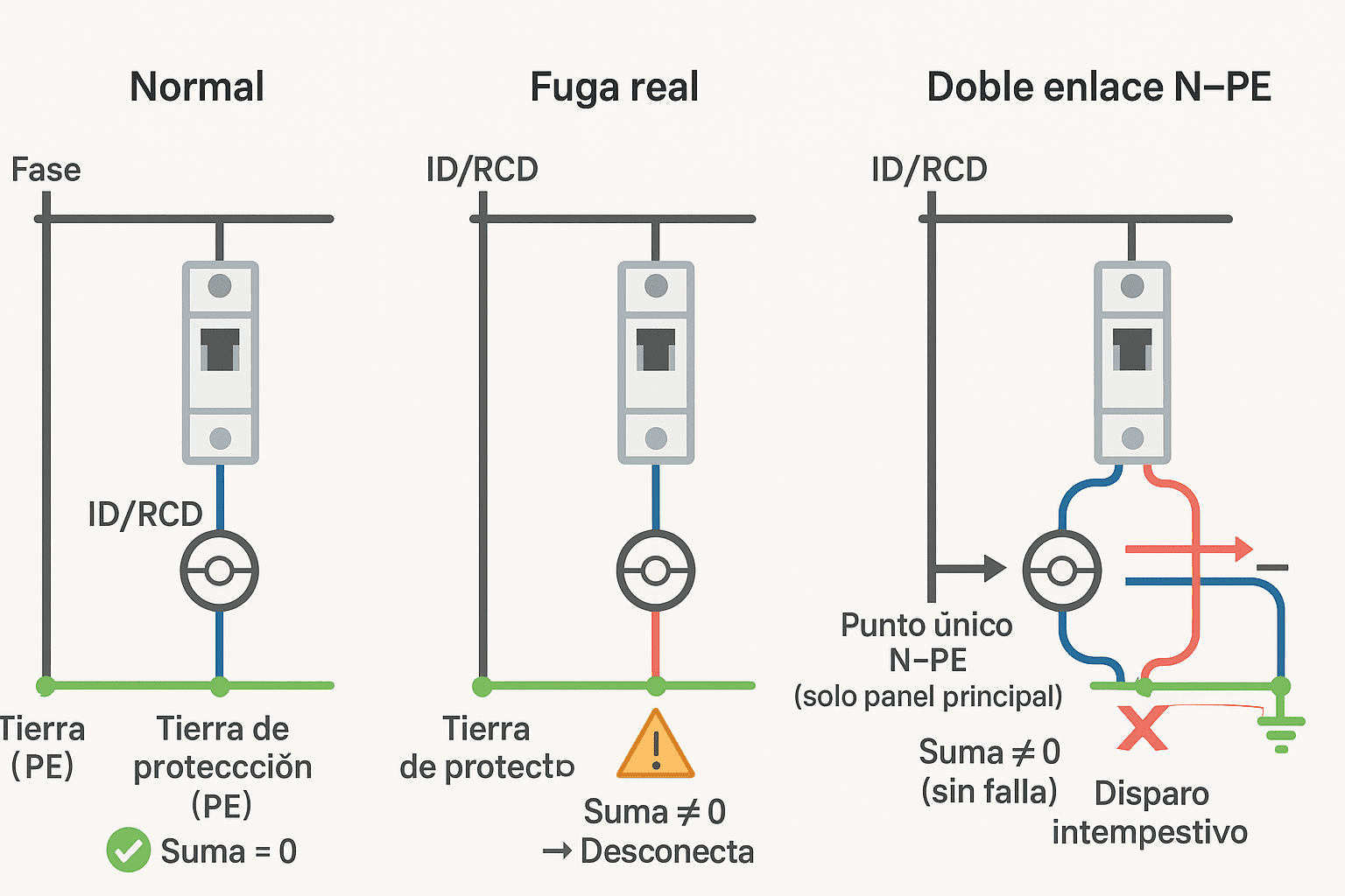 Esquema del interruptor diferencial con tres casos: operación normal, fuga real a tierra y doble enlace N-PE que provoca disparo intempestivo.