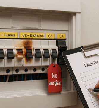 Panel eléctrico residencial abierto con varios magnetotérmicos; uno muestra decoloración en la carcasa y etiqueta dañada, señalado por una mano con guante.