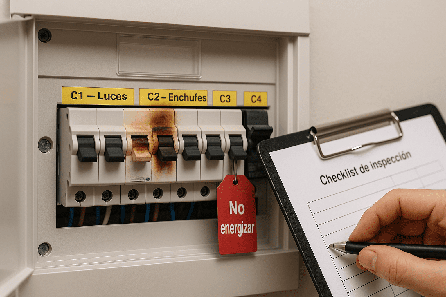 Panel eléctrico residencial abierto con varios magnetotérmicos; uno muestra decoloración en la carcasa y etiqueta dañada, señalado por una mano con guante.