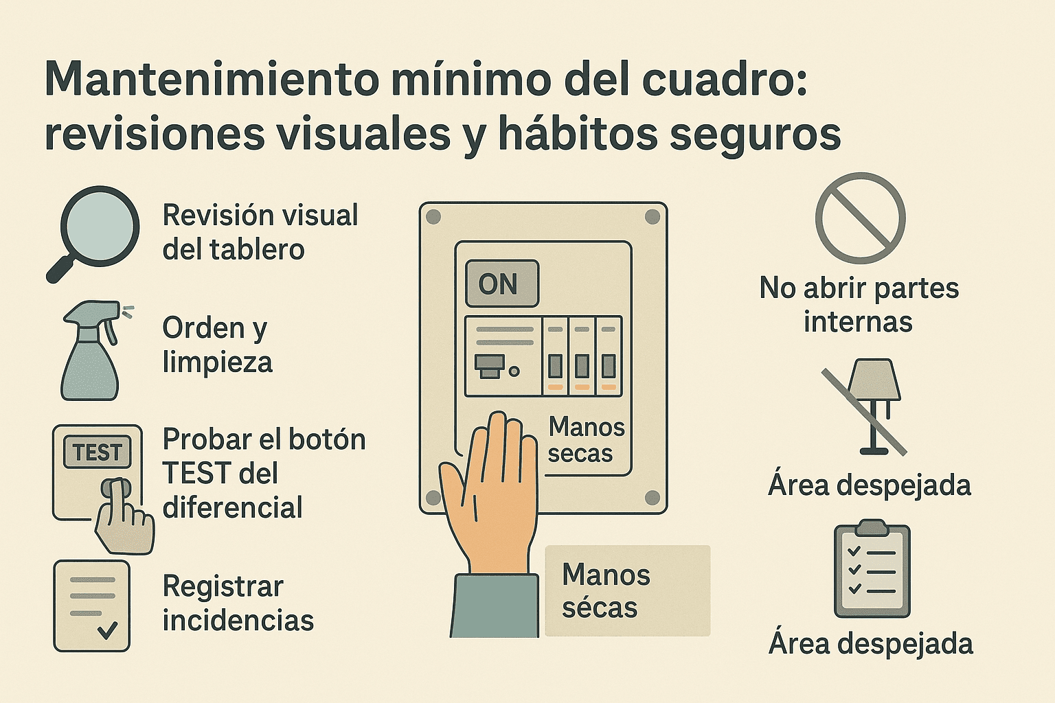 Infografía de mantenimiento del cuadro eléctrico con iconos: revisión visual, orden y limpieza, probar botón TEST del diferencial, no abrir partes internas, mantener área despejada y registrar incidencias; mano operando el tablero con “manos secas”.